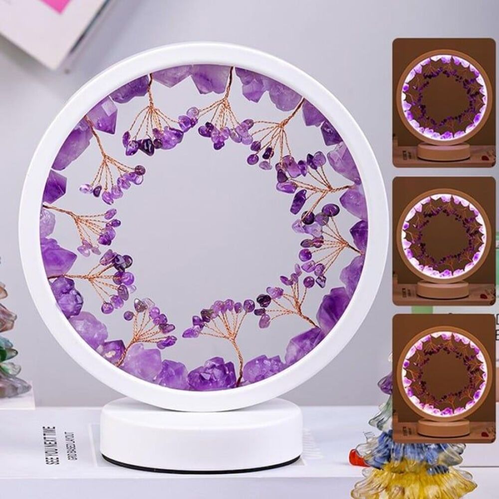 Round Amethyst Gemstone Tree LED Healing Crystal Nightlight Lamp